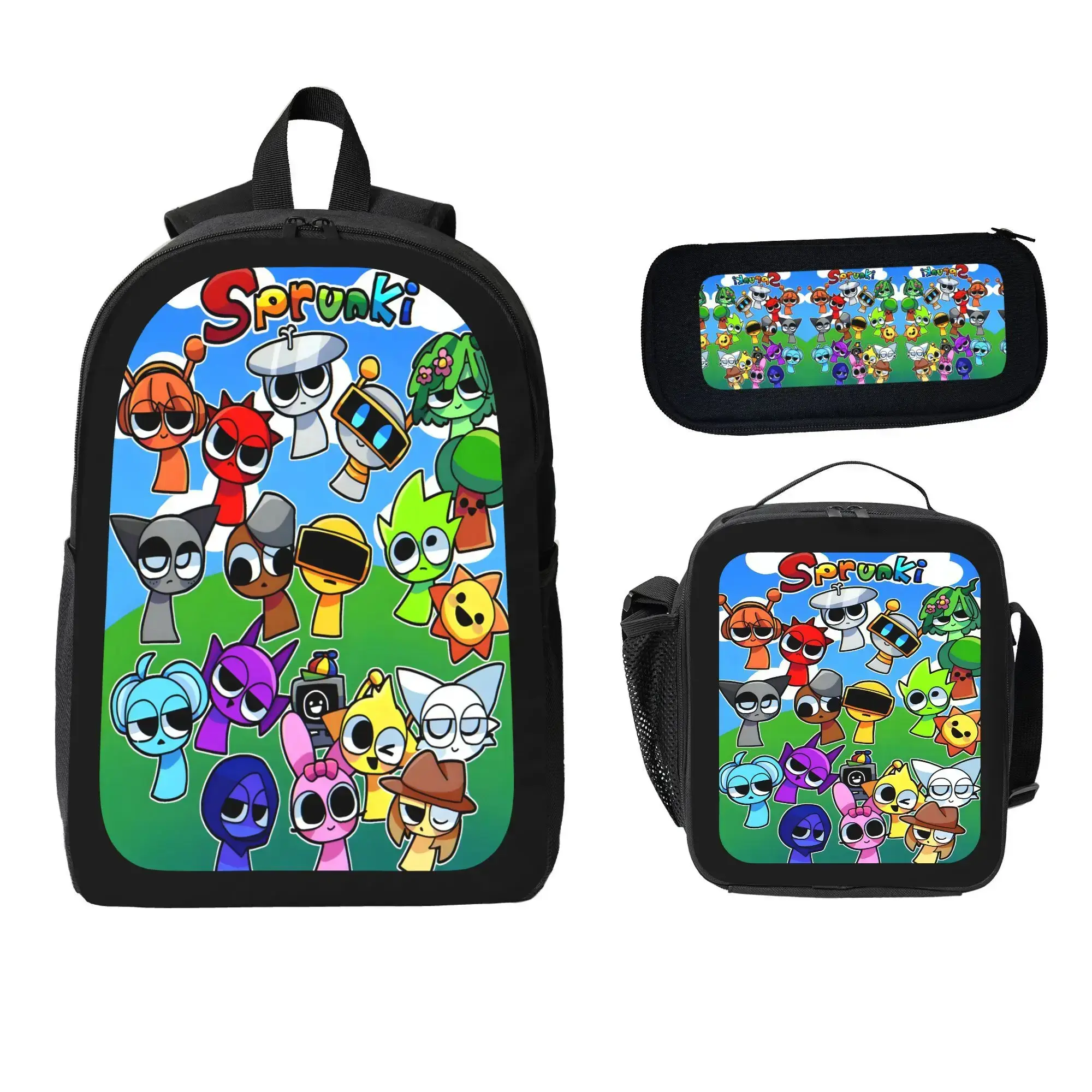 3PCS Sprunki Backpack Set with Lunch Bag and pencil case and Large Capacity Backpack suit for student,middle school sprunki backpack back bag Storage bag