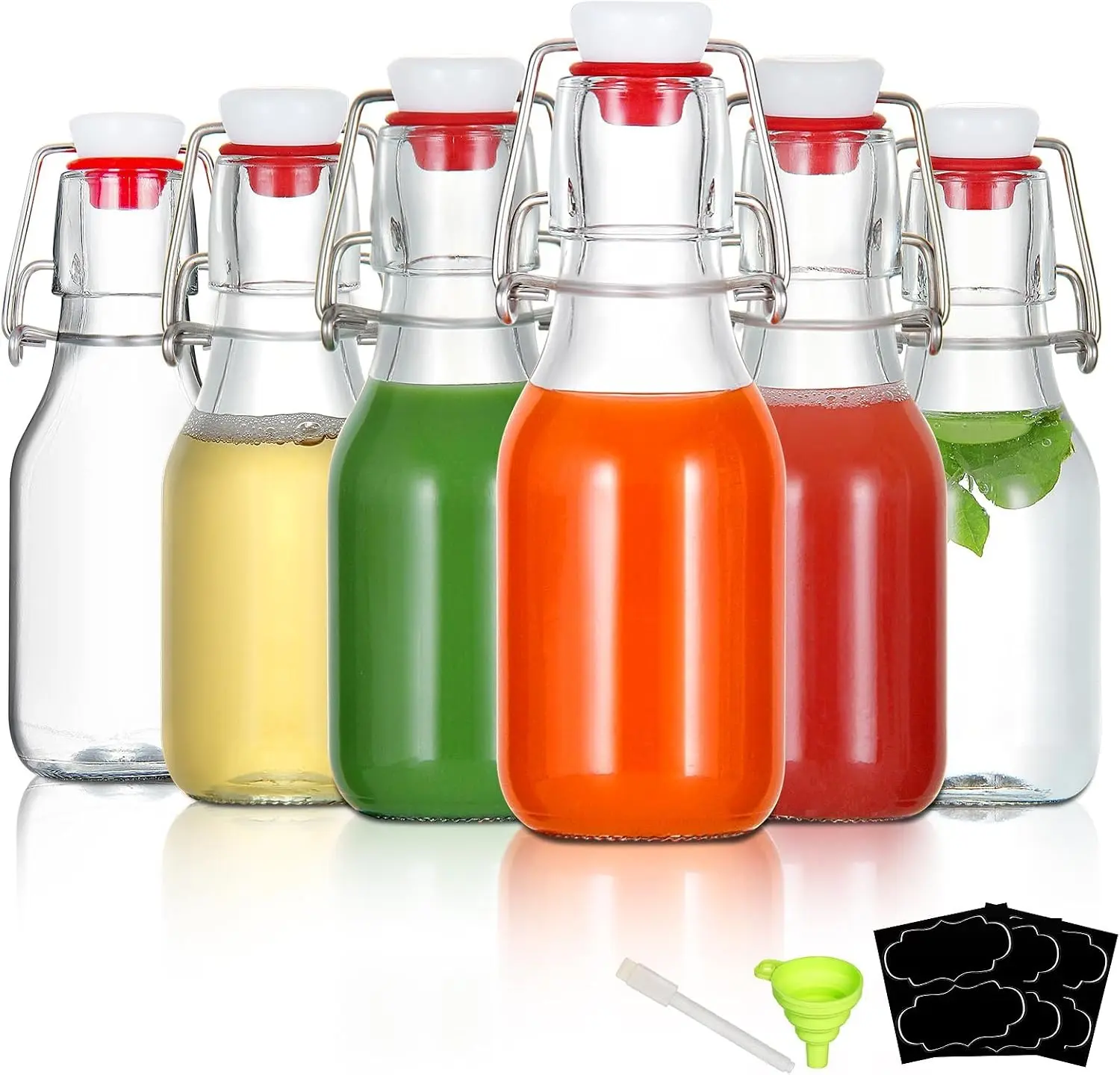 4 oz Clear Swing Top Glass Bottles with Airtight Lids, 6 Pack | Reusable clear glass bottles for home brewing, kombucha, beer, soda, juice, water, kefir, vanilla extract, oil and vinegar