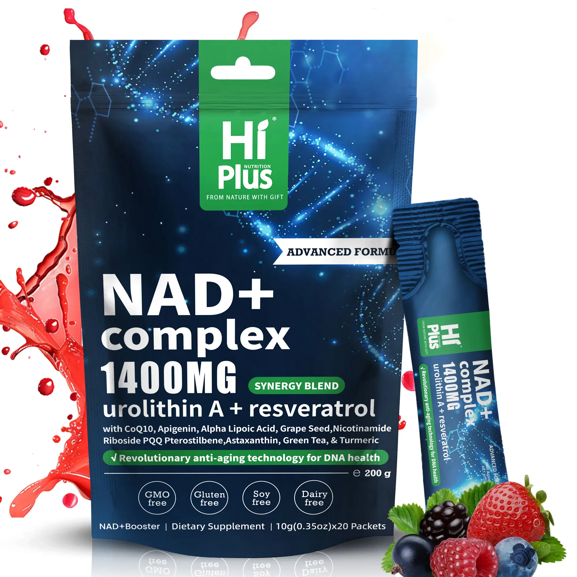 HIPLUS NAD+ Cell Regenerator Berry Flavor Drink 1400 mg Extra Strength NMN Alternative Liposomal, Green Tea + Astaxanthin for Women & Men, Resveratrol, CoQ10, PQQ, Alpha Lipoic Acid – Energy Beauty Healthcare Anti-Aging –20 Pack Antioxidant Supplement