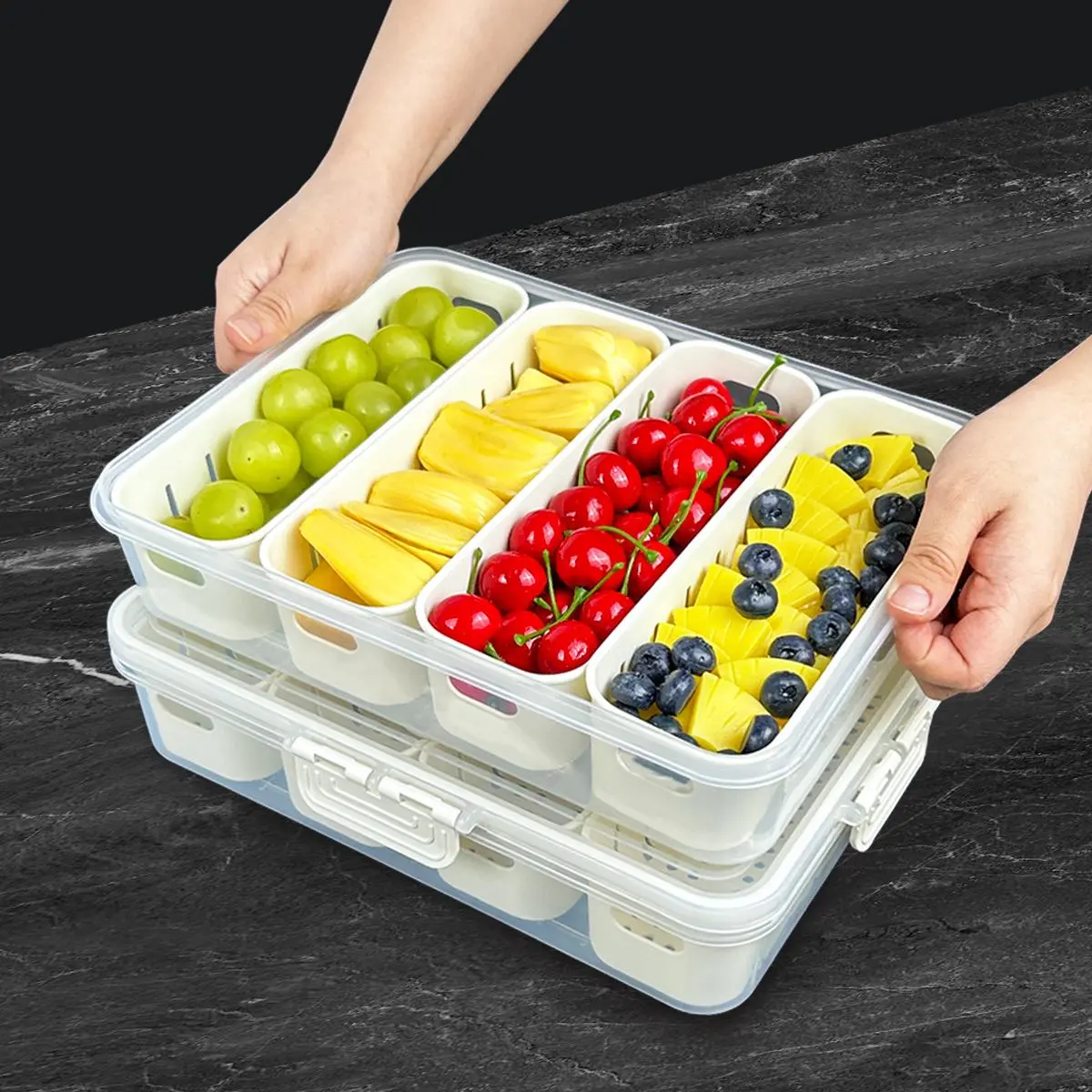 Reusable Fruit Vegetable Organizer - Stackable Plastic Kitchen Food Storage Containers with Lid, Handle, Divided Serving Tray, Portable Fridge Fresh-Keeping Snackle Boxes for Picnic, Travel