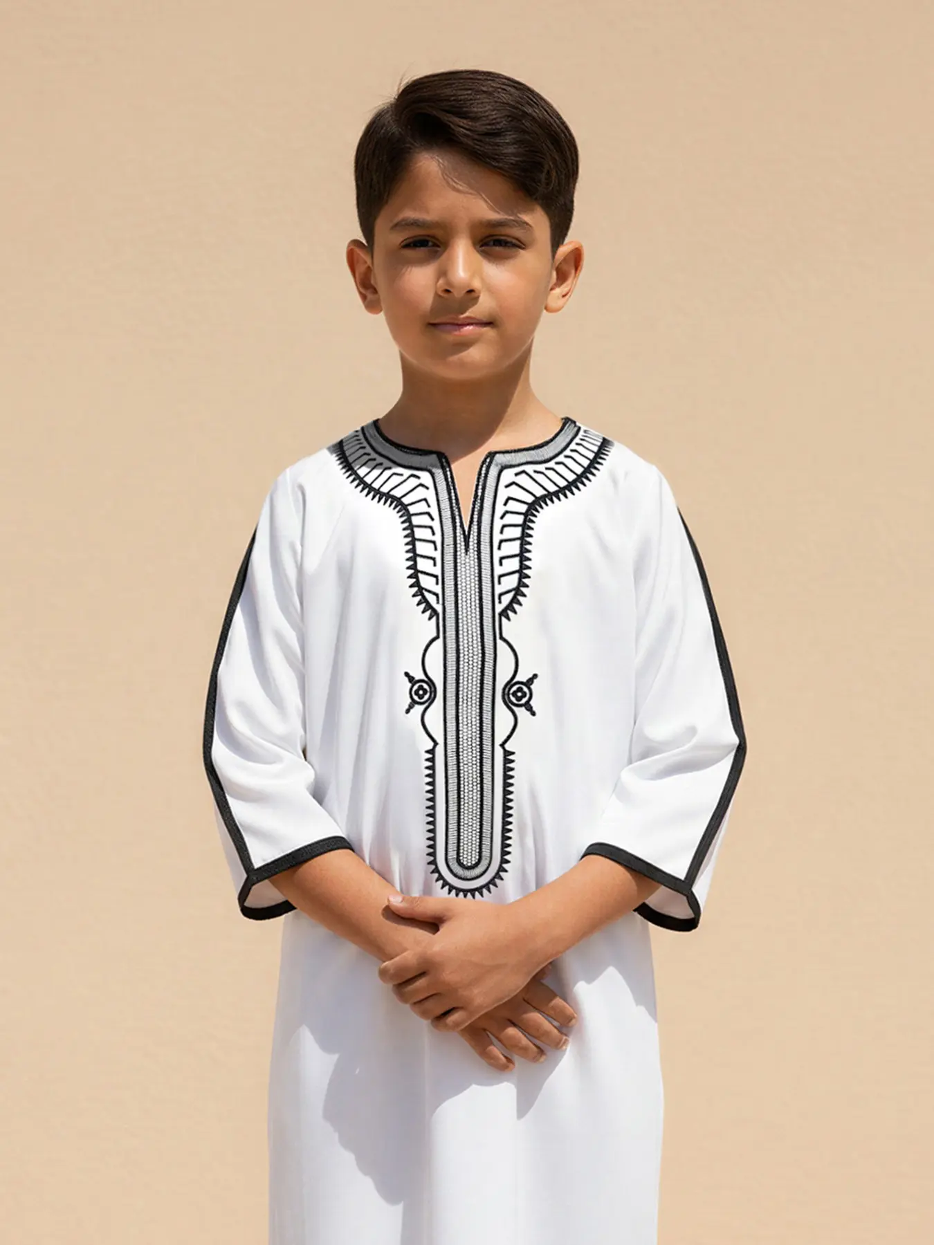 Moroccan Style V Neck Embroidered Gandoura, Embroidered Detail, Classic with Side Pockets, Boys' 8-12 Years, Daily Wear, Eid, Father's Day Gift