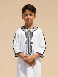 Moroccan Style V Neck Embroidered Gandoura, Classic with Side Pockets, Boys' 8-12 Years, Daily Wear, Eid, Father's Day Gift