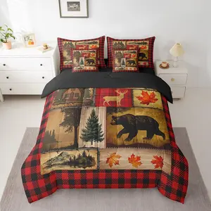 Rustic Farmhouse Comforter Set,7 Pcs Bear Deer Wildlife Bedding Set,Christmas Red Black Buffalo Plaid Bed in a Bag,Fall Leaves Woodland Rv Comforter