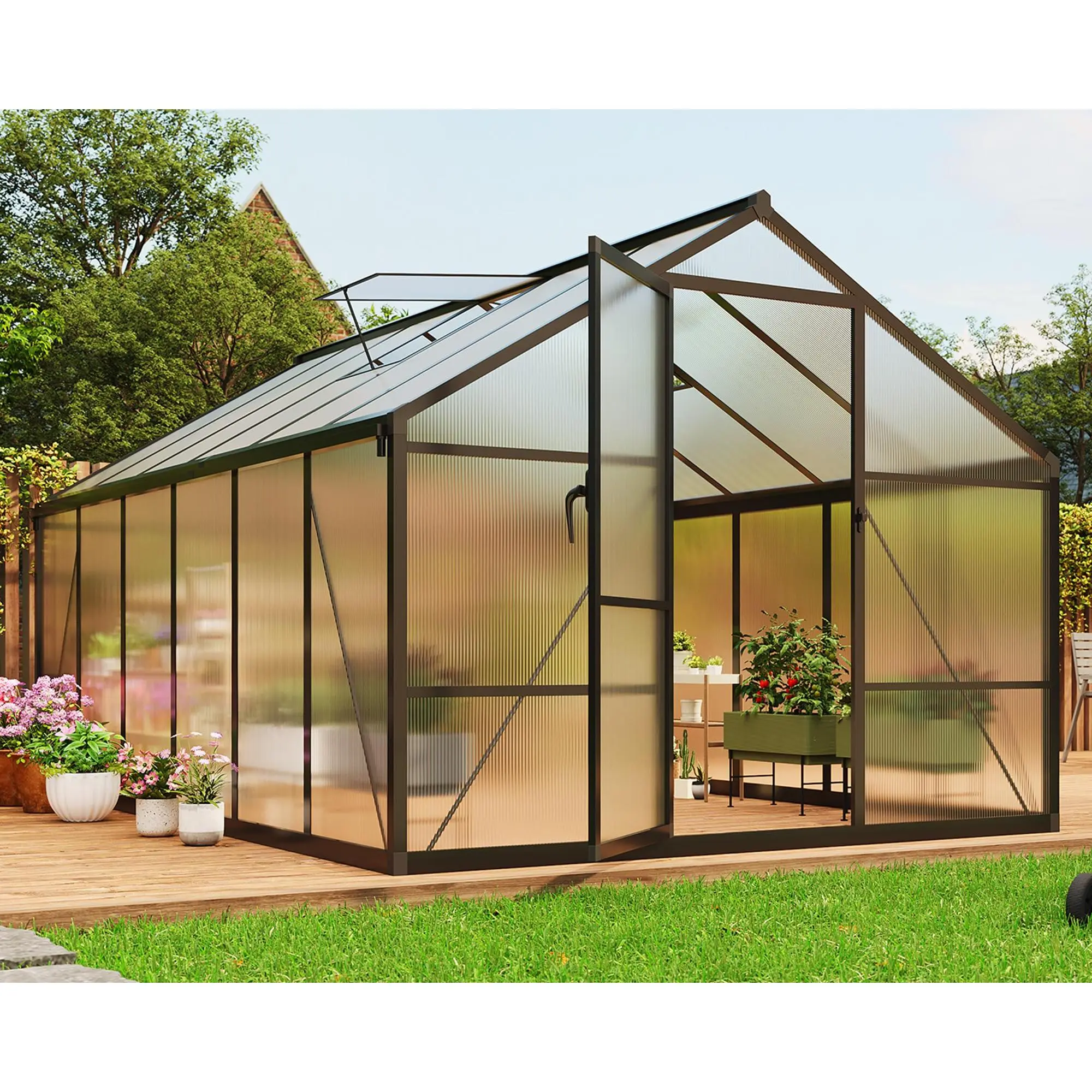 8x12 ft Polycarbonate Greenhouse for Outdoors, Aluminum Frame Garden Green House with Lockable Door and Adjustable Roof Vent, Ideal for Backyard Patio and Vegetable or Flower Growing