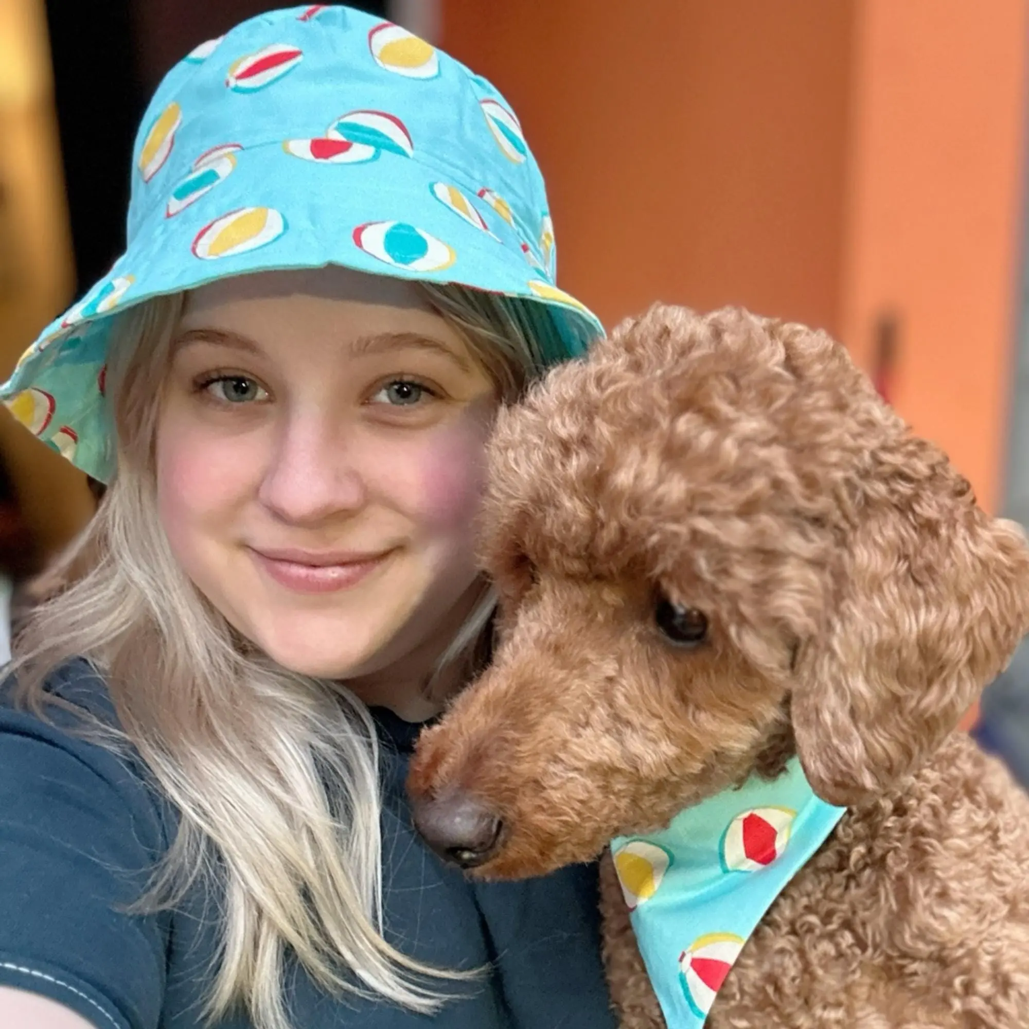 Beach Ball Print Bucket Hat - Summer Sun Hat for Women & Dog Moms - Vibrant Aqua Blue with Retro Beach Balls - Matching Dog Bandana!