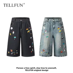Unisex Y2K Vintage Cartoon Patchwork Denim Shorts High Waist Baggy Wide Leg Casual Streetwear Jorts with Cute Food Embroidery Retro Streetwear Unisex Denim Jo
