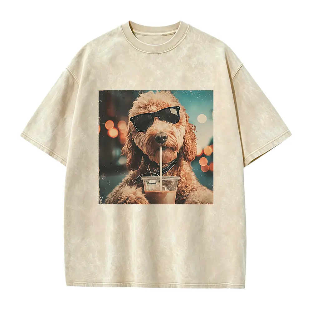 Men's Casual Cotton Fabric Seamless Top - Cute Goldendoodle Drinking Iced Coffee T-Shirt, Dog Lover Gift, Pet Owner Gift