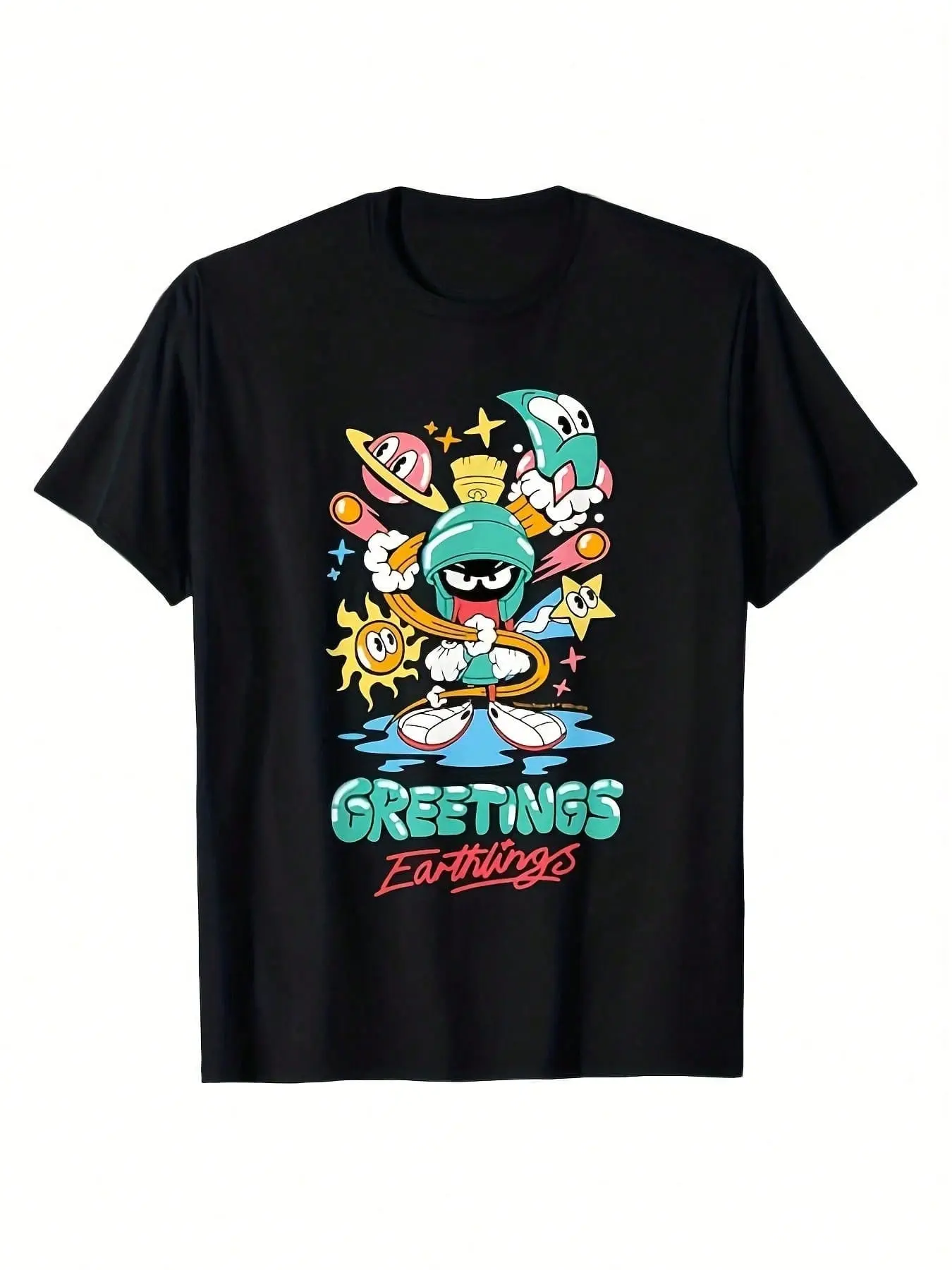 1pc Men'S Casual Cotton T-Shirt With Marvin The Martian Heat Transfer Print, Round Neck, Regular Fit, All-Season Tee With Lettering And Patch Detail