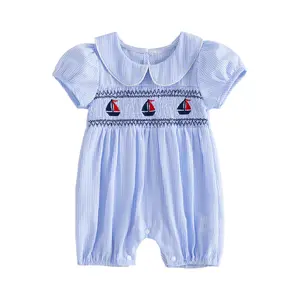 Infant Baby Girl Summer Striped Romper Short Sleeve Sailboat Embroidery Smocked Jumpsuit 0-18 Months