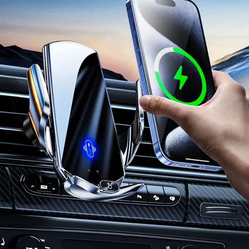 Wireless car charger, automatic clamping car air vent mount, 15W fast charging wireless charger, car automatic locking phone holder, super strong magnetic foldable navigation 360-degree rotating sunshade