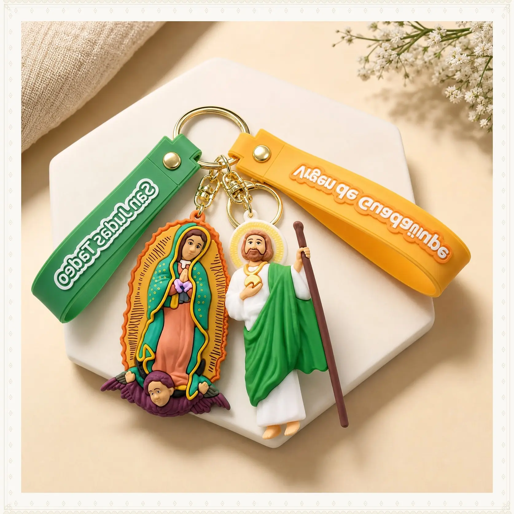 Cute Silicone Our Lady of Jesus & Virgin de Guadalupe Keychain - Anime Cartoon Wristband Charm with Cross, Dove, and Holy Symbols, Perfect for Women, Bags, Backpacks, Cars, and Keys
