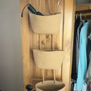 Woven Cotton 3-Tier Hangable Basket with Handles - 11in Over-The-Door Wall-Mountable Home Goods Organiser, French Country Storage Organization, for Beauty & Daily Necessities, Woven Look Adds Warm Handmade Charm, Natural Feel Apartment Room Organizer