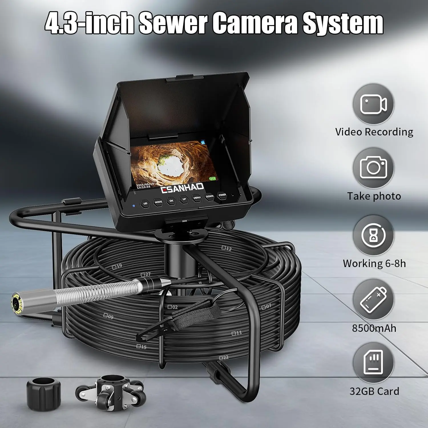 【Summervibes】Sewer Camera 100FT/30M Pipe Inspection Borescope Endoscope Camera with Light 12 LEDs 4.3" IPS Screen 32GB Card Plumbing Snake 23MM with 8500Mah Battery (30M with DVR)