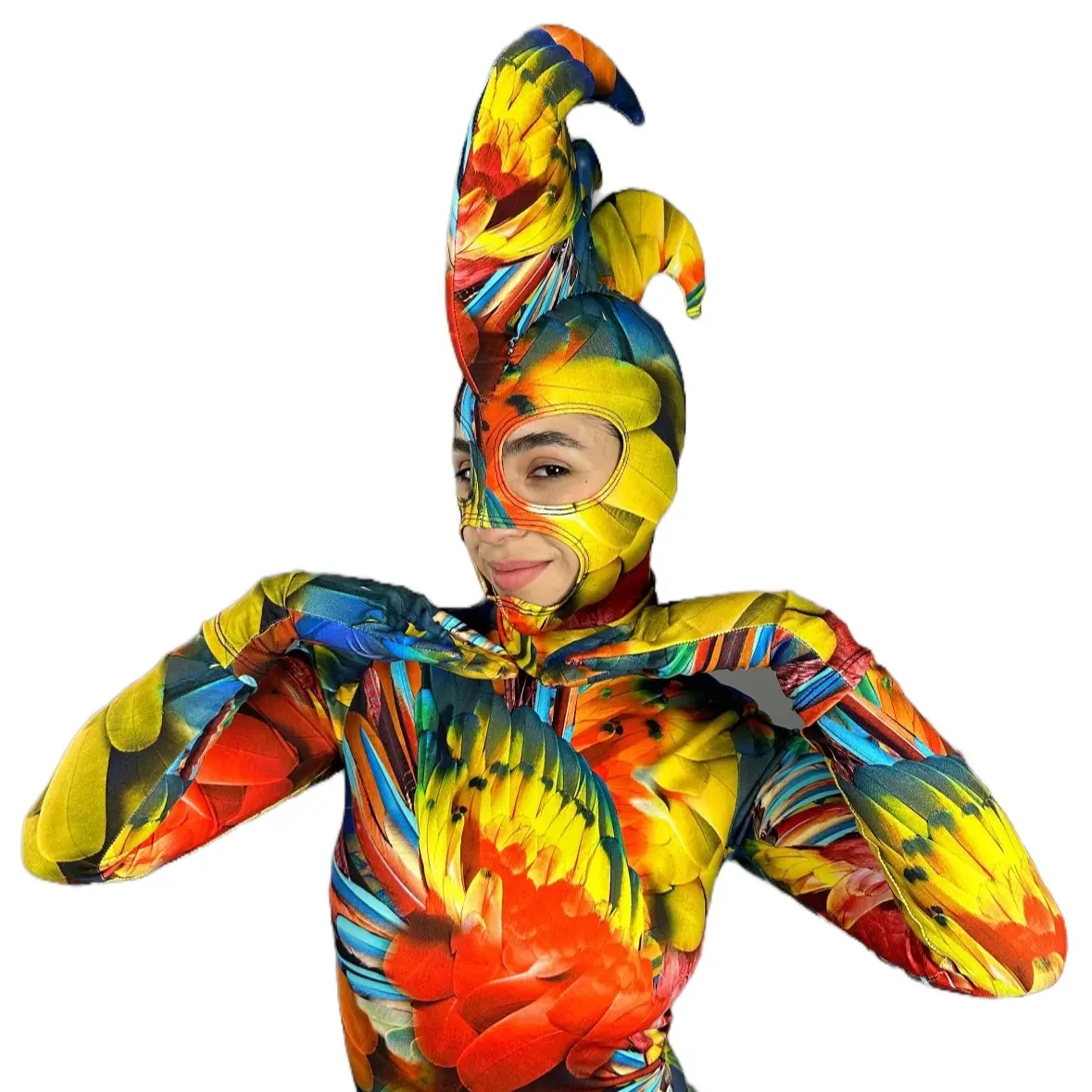Women's Parrot Costume Jumpsuit, Chic Colorful Lycra Prints with Turtleneck, Foam Headpiece and Accessories, Lightweight, Fitted, Fabric, Statement, Vibrant, Dynamic, Bird, Fashion Apparel