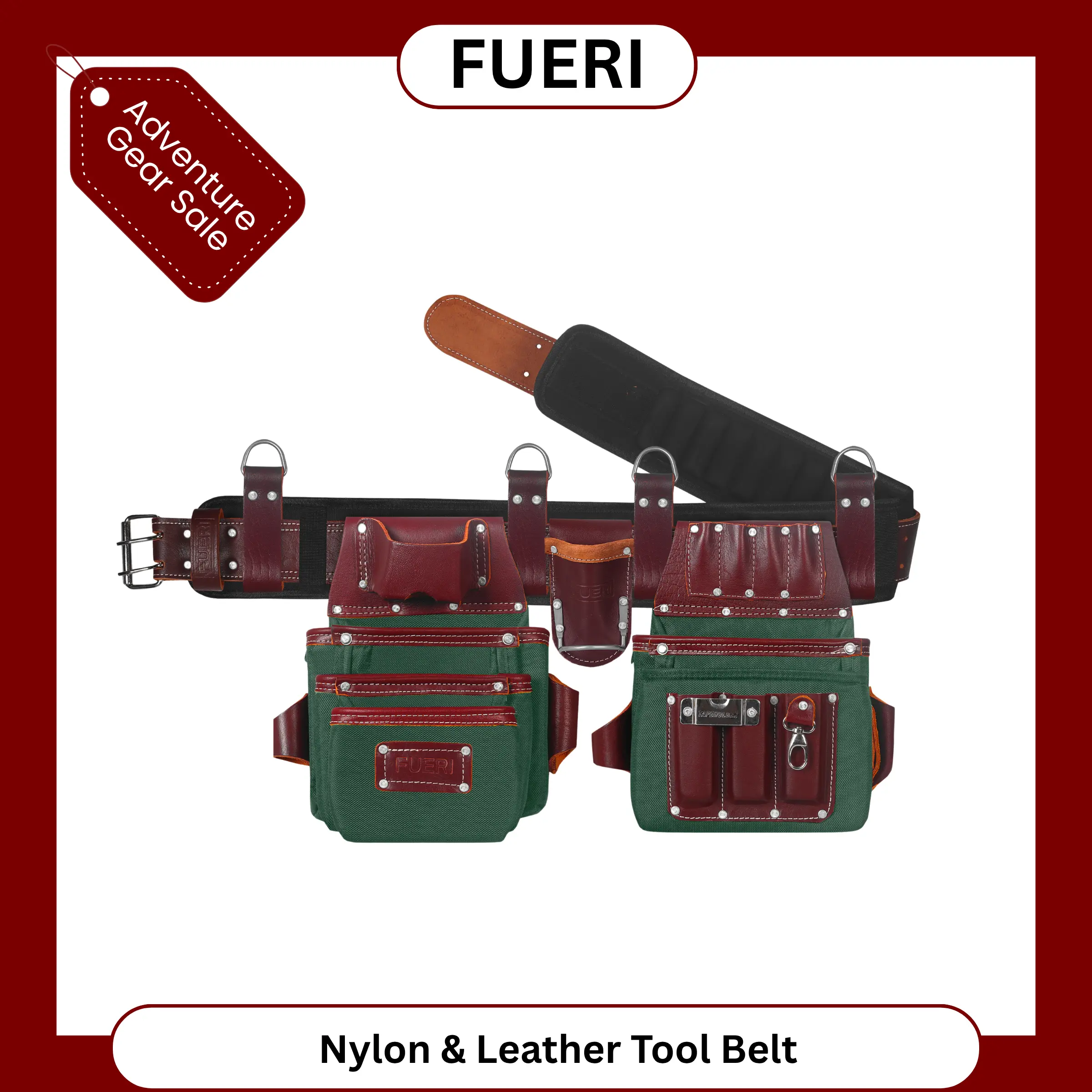 FUERI Tool Belt for Men, Heavy Duty Nylon and Leather 26 Pockets Maroon and Green comes with Comfort Padded Belt,Spacious Pouches,Hammer Holder and Suspender Loops for Carpenter Construction Electrician