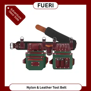 FUERI Tool Belt for Men, Heavy Duty Nylon and Leather 26 Pockets Maroon and Green comes with Comfort Padded Belt,Spacious Pouches,Hammer Holder and Suspender Loops for Carpenter Construction Electrician