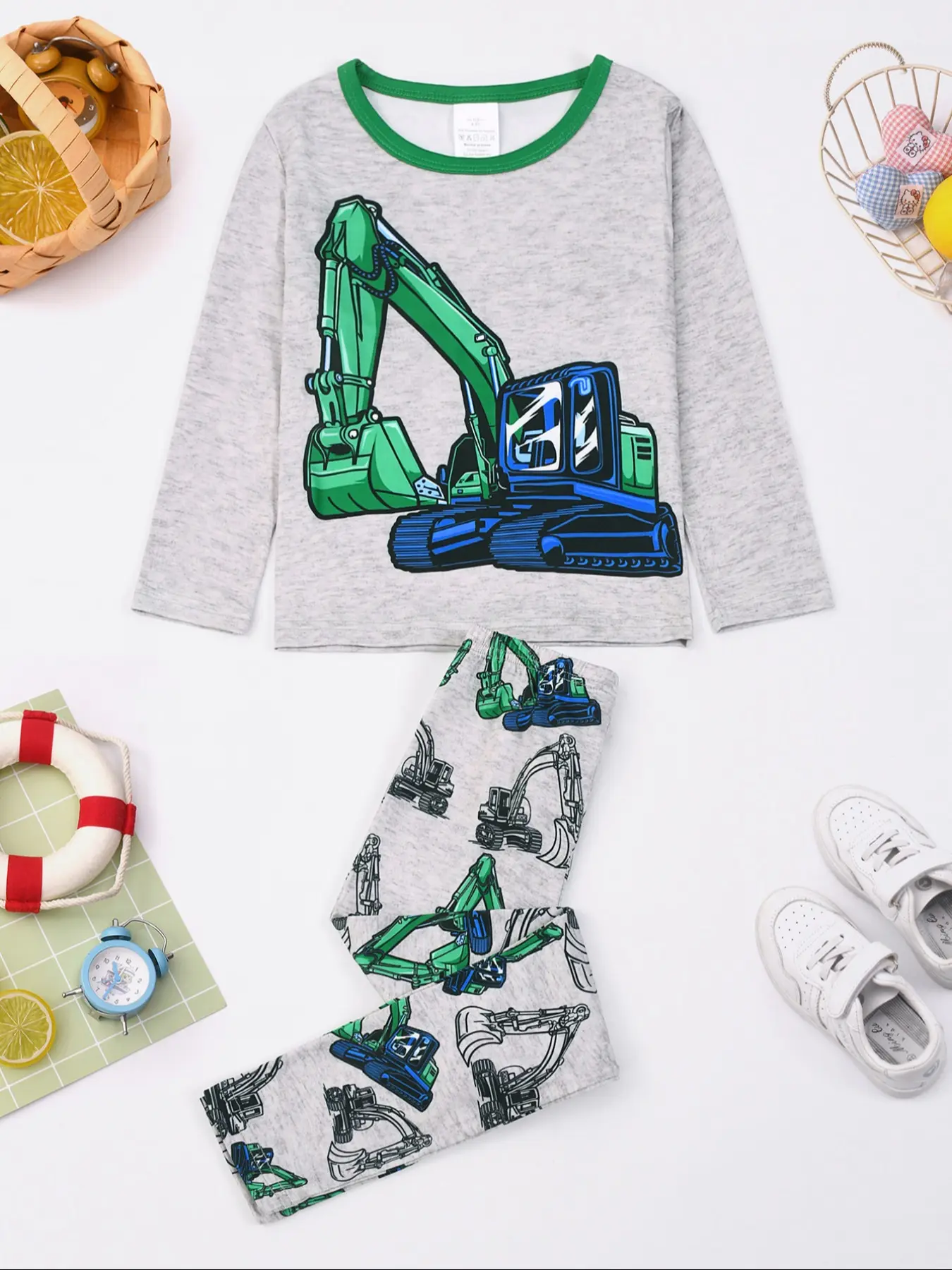 Round Neck Long Sleeve Sleepwear Set, Digger Print, Casual Comfortable Fit, Home Wear, All Seasons, 2 Piece, Pajama Lounge Sets, Round Neck Pajamas