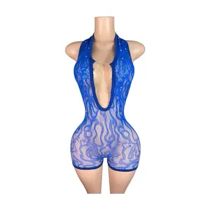 Blue Lace Mesh Halter Neck Romper with Deep V-Neck and Sheer Design for Women