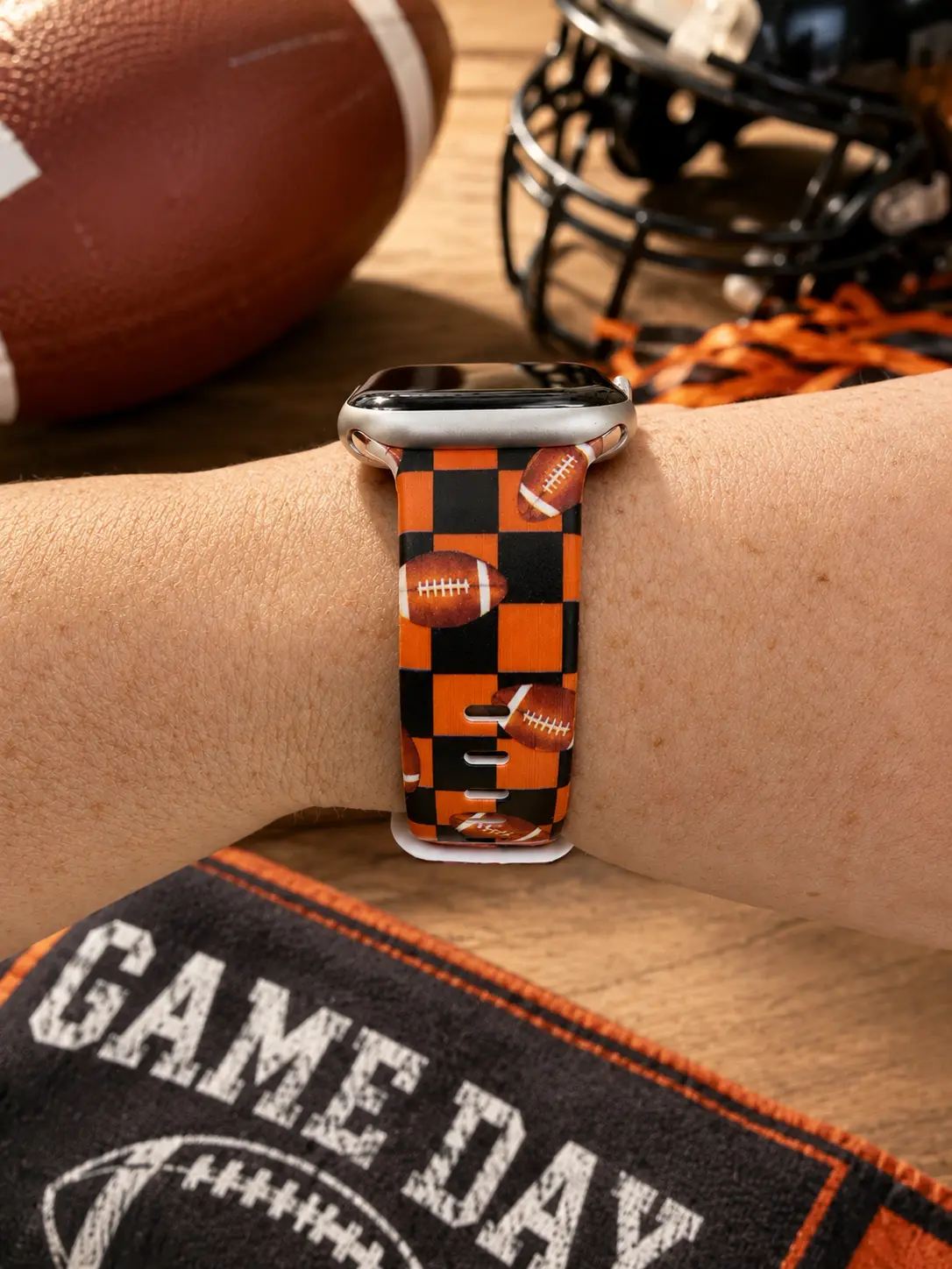 Football Checkered Sport Watch Band | Orange & Black Game Day Strap | Compatible with Apple & Samsung Watches