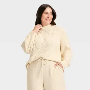 Women's Long Sleeve Cozy Alpine Cable Knit Crewneck Pullover Sweater - Universal Thread Cream XXL