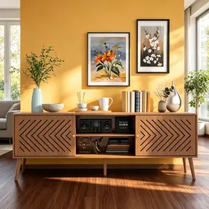 giteo bedding TV Stand for TV up to 70 Inch, Mid Century Modern TV Console, Entertainment Center with Storage for Living Room