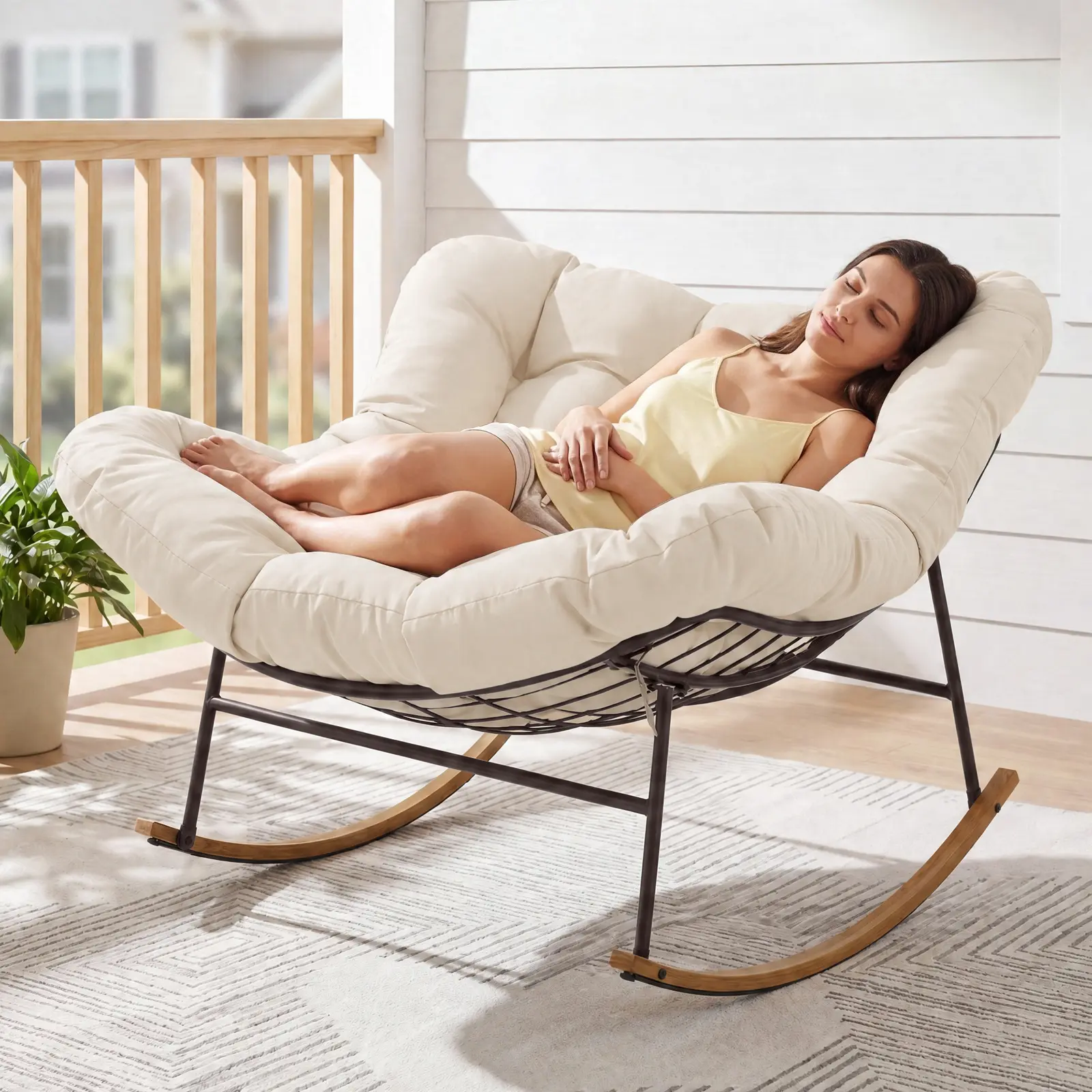 Papasan Rocking Chair Outdoor/ Indoor, Oversized Rocking Chair with Thickened Cushion, 450 lbs Large Comfy Egg Chair Indoor,Cozy Lounge Reading Glider Chair for Bedroom, Blue