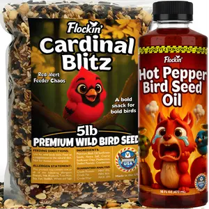 Bundle Cardinal Bird Seed & Hot Pepper Oil – Premium Cardinal Bird Feed with Sunflower Seeds, Mealworms & Peanuts + Flaming Hot Pepper Bird Seed Oil – Helps Limit Squirrels, Attracts Cardinals & Songbirds, No Fillers, USA Made (5LB + 16oz)