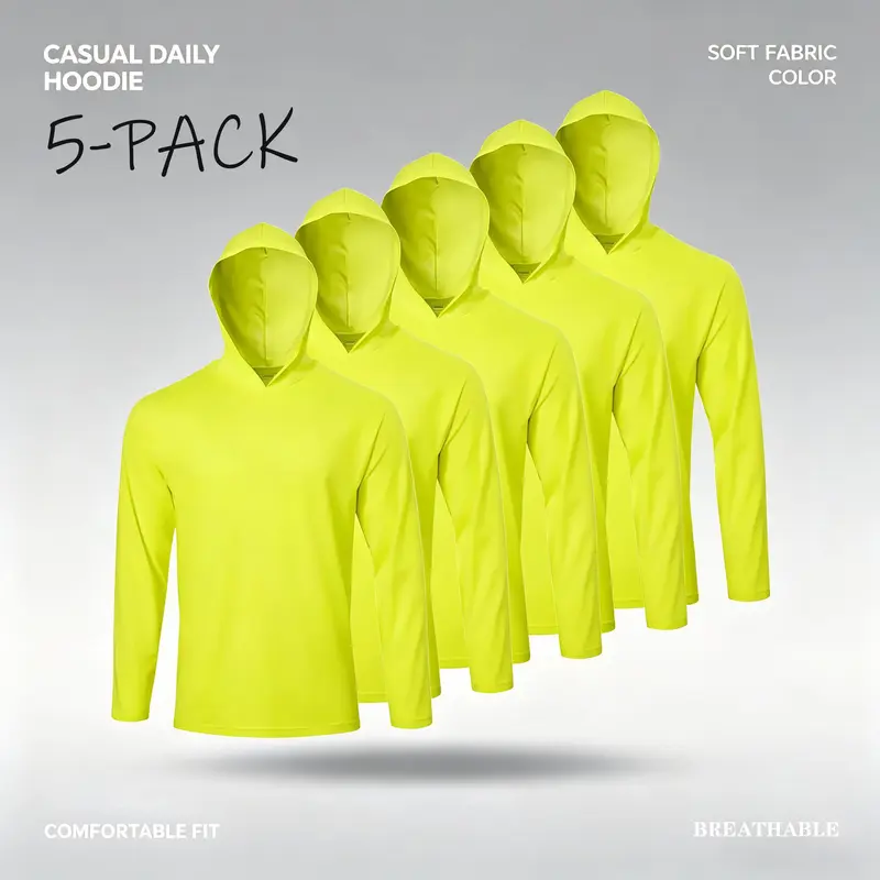 Men's 5-Pack Long-Sleeve Casual Hooded T-Shirts - 5pack Workout Set, Lightweight Dry-Fit Fabric, Quick-Dry, UPF 50+ UV-Protective Tops for Running, Fitness