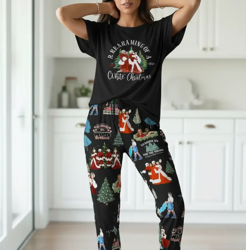 Women's Comfy 2-Piece White Christmas Pajama Set - Rayon-Polyester-Spandex, Short-Sleeve Top, Elastic Drawstring Pocket Bottoms, Lightweight Breathable Nightwear for Day, Everyday Casual Loungewear