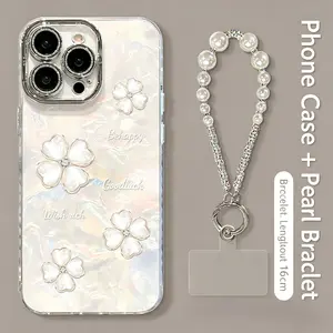 Elegant Pearl Chain Phone Case for iPhone 17 Series, 4 Leaf Clover Glitter Acrylic Cover, Luxury Aesthetic Shockproof Case for Women Girls