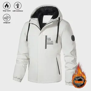 Men’s Winter Sherpa Fleece-Lined Hooded Jacket — Outdoor Windproof Waterproof Mountaineering/Skiing Sports Coat with Multiple Pockets and Printed Design