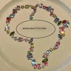 Alloy Necklace with Multicolor Synthetic Gemstones, Y2K Bling Rainbow Zirconia Clavicle Chain, for Daily Wear & Gift-Giving