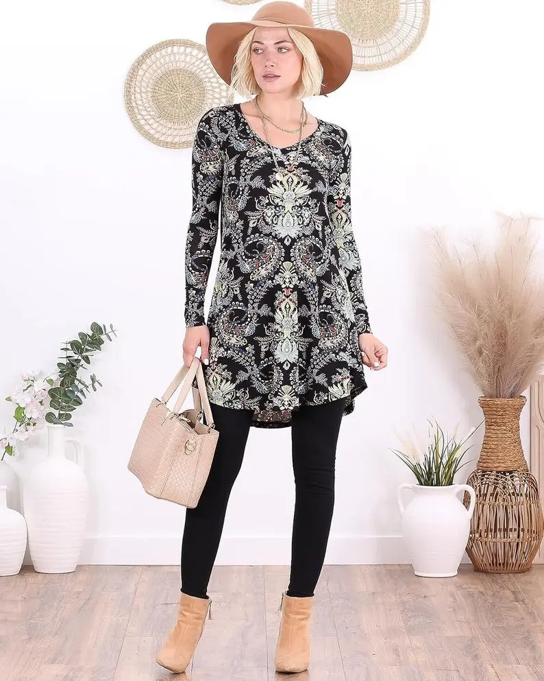 Printed Long Sleeve Tunics For Women - Sizes S-3XL