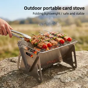 Portable Foldable BBQ Grill Stainless Steel Camping Stove Fire Pit for Outdoor Cooking Camping Picnic Tailgate Party Lightweight Easy Assembly Disassembly with Teapot Cookware Compatibility Family Emergency Use