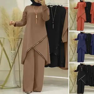 Spring and Autumn Muslim Two piece Set Long sleeved O neck Long sleeved Shirt and Wide - leg Pants Set for Casual Women