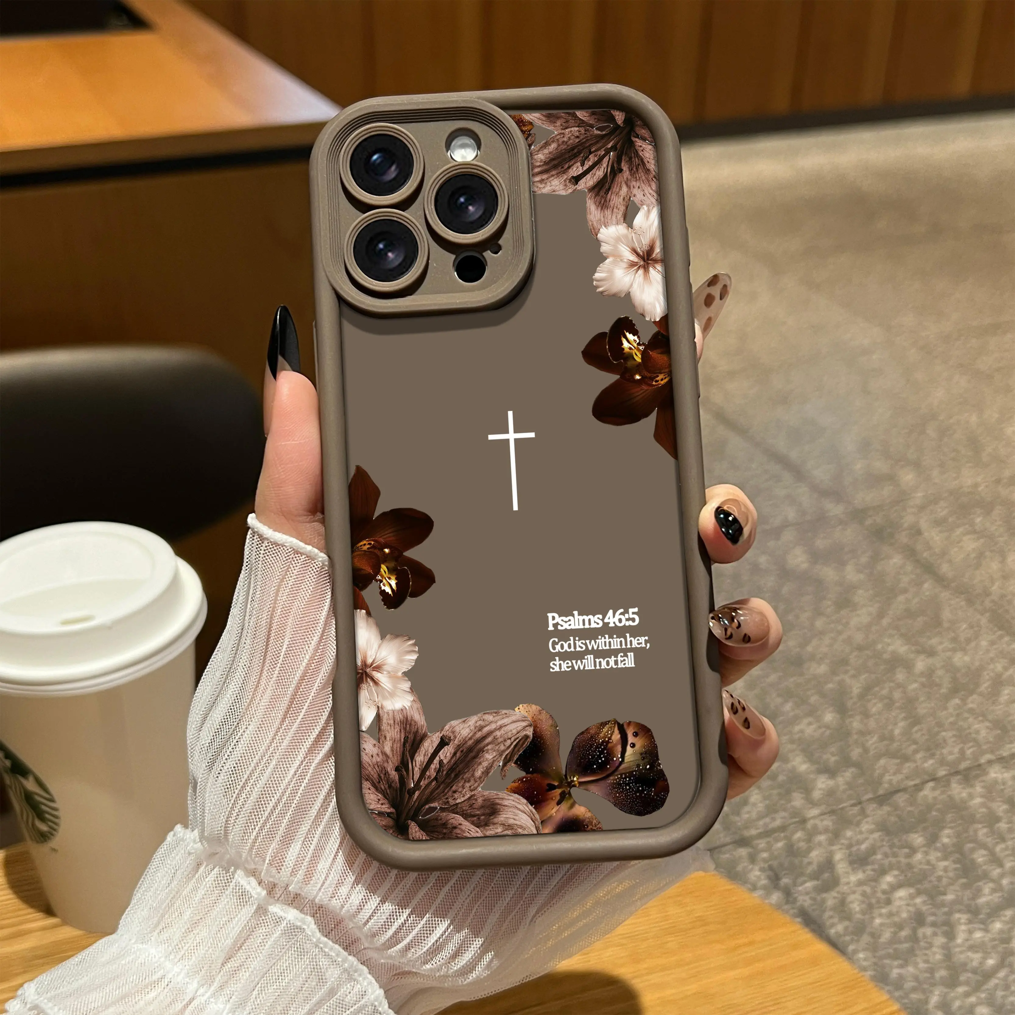Vintage Floral Aesthetics Lanyard Smartphone Case - Christian Psalms 46:5 Cross, Matte Shockproof Anti-Drop Bumper, Religious Gift for Her, Fits iPhone 17 Pro Max Plus Air/16-11, Samsung Galaxy S25-S22 Ultra Plus FE, Cellphone Casing Accessories