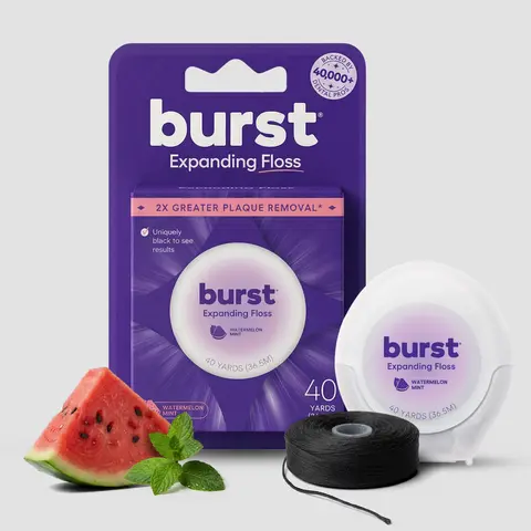 Watermelon Mint Expanding Dental Floss - BURST Black Expanding, Stain-Absorbing, Woven Floss, Vegan, Paraben Free, Removes Plaque