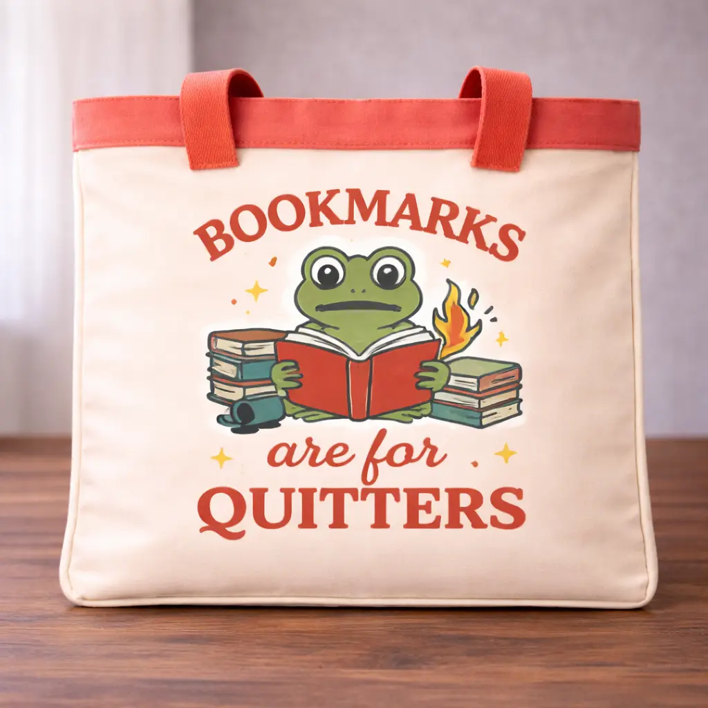 Women's Eco-Conscious Printed Everyday Shoulder Tote Bag - "Bookmarks Are For Quitters" Frog Print, Durable Cloth, Book-Carrying, Playful Quirky Art, Practical Purse, Printed Tote Bags, Everyday Tote