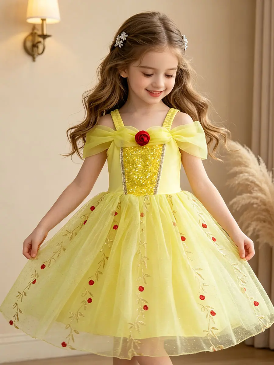 Girls' Yellow Off-Shoulder Plain Princess Tutu Dress - Polyester, Lovely Bow & Red Rose Decor, Sequined Bodice, Embroidered Tulle Skirt, All Seasons Casual Birthday Clothes, Hand Wash Only
