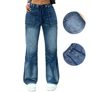 Yzara Wide Leg Mid Waist Causal Baggy Barrel Jeans For Women Drawstring Eyelet Waist Denim Pants Vintage Wash Distressed Trouser Streetwear Wideleg Casual Adjustable Style Fashion Bottom Womenswear Everyday Chic Basic Blue Pockets Fitted Mothersdaygift
