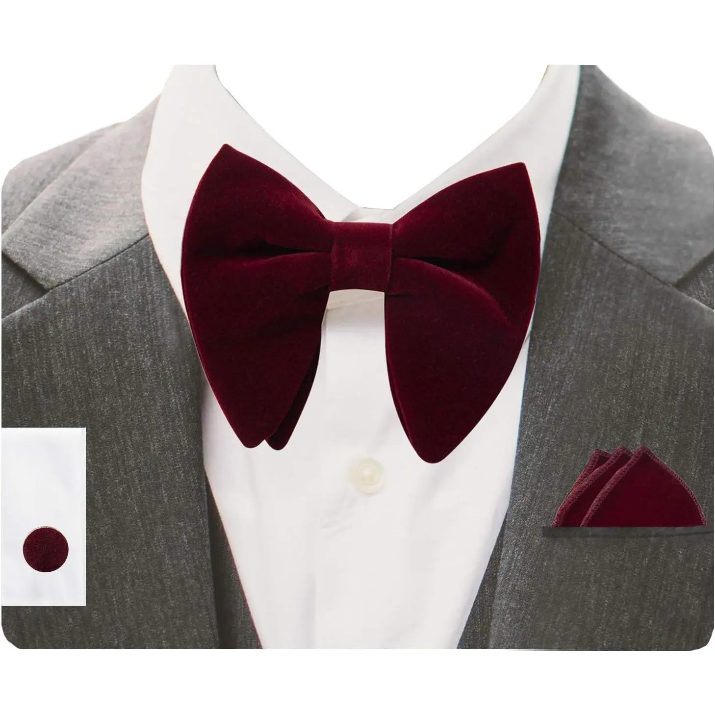 Mens Solid Plaid Velvet Pre-tied Adjustable Bow Tie, Pocket Square & Cufflink Set with Gift Box (Available in Magenta, Burgundy, Sage Green, Grey, Brown), Velvet Fabric, 1 Bow Tie