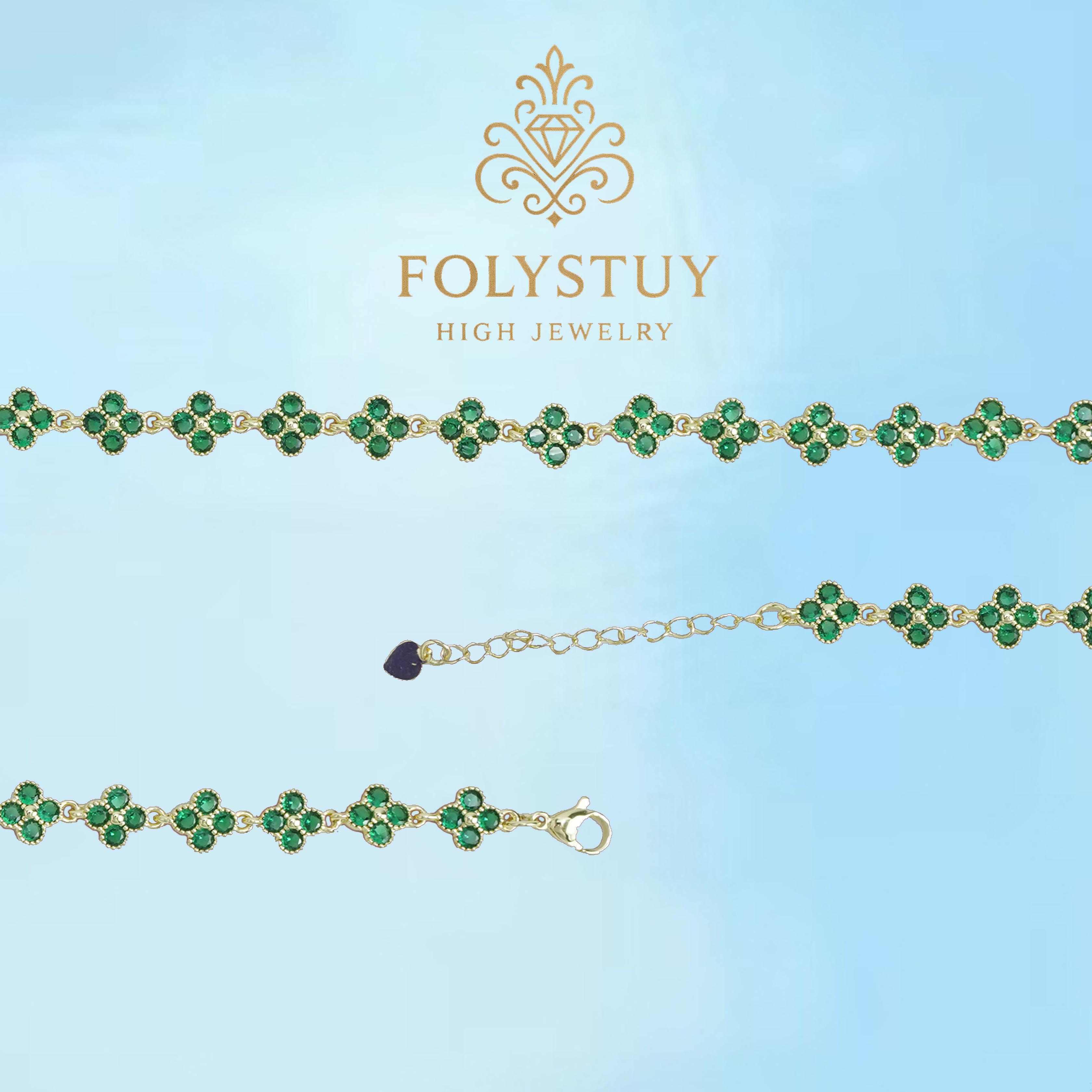 [FOLYSTUY (W182)]Four Leaf Clover Chain Bracelet with Green Stone Accent, 0.35" Width 9.06" Length Adjustable Wrist Jewelry