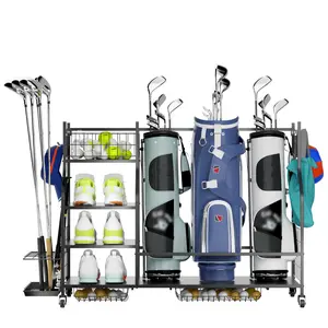 Golf Bag Storage Garage Organizer (Black) – Fits 3 Golf Bags, 3-Tier Shoe Racks 4 Removable Hooks, Holds 12 Clubs, Lockable Wheels, Soft Edge Metal Rack for Garage/Shed/Basement​ Fitting Smooth Steel Traditional