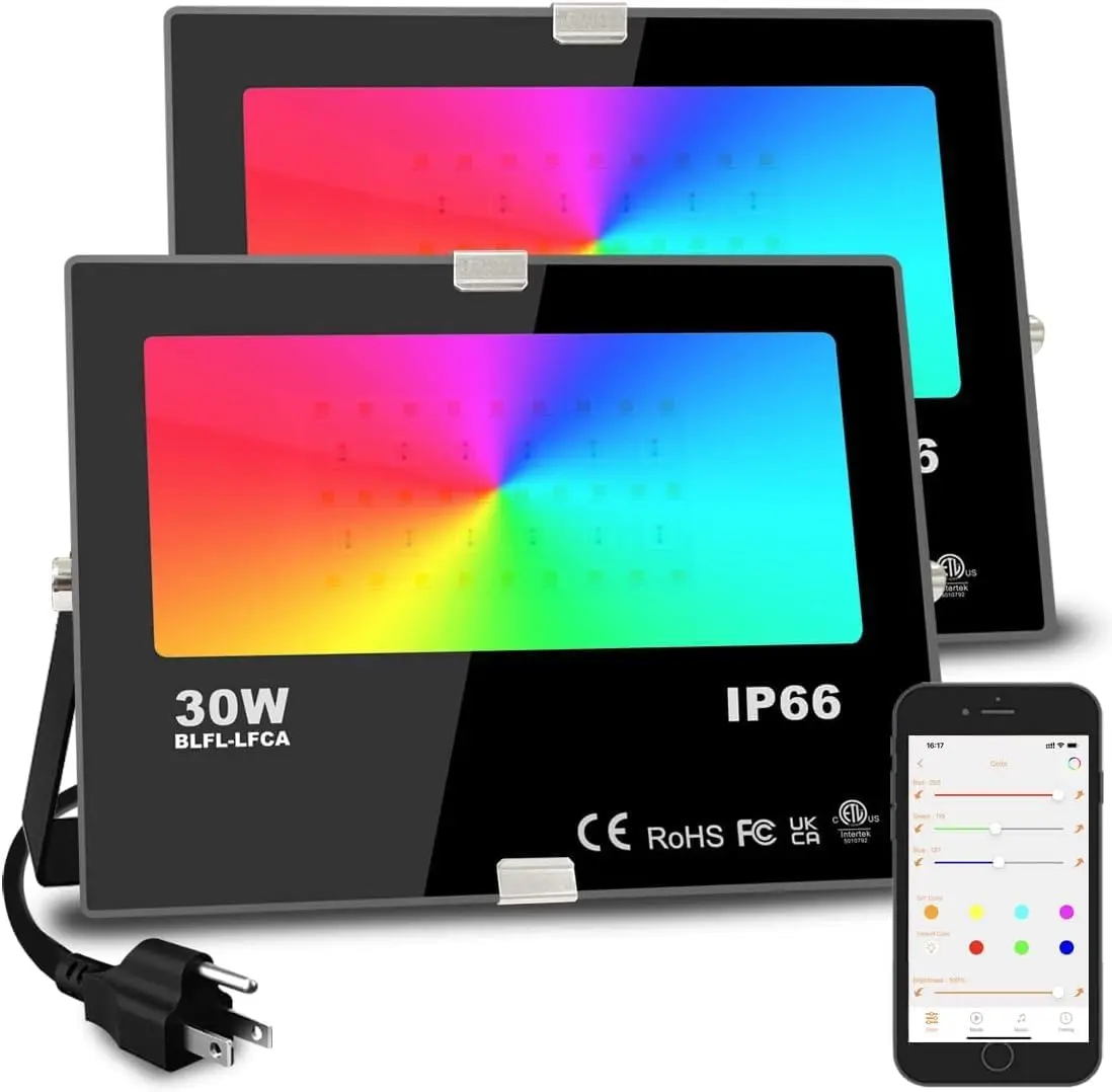Led Flood Light 30W, 300W Equivalent 3000 LM Outdoor Color Changing Lights| 2700K & 16 Million Colors&Timing& Music Sync, Bluetooth RGBW Smart Floodlights,Led Stage Landscape,IP66 US 3-Plug (2 k)