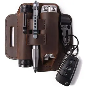 Multitool Belt Sheath, EDC Leather Belt Organizer, Belt Holder with Multitool Pouch, Flashlight Holder, Pen Holder and Keychain Clip, Practical EDC Belt Pouch for Men