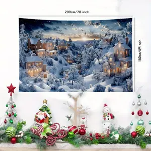Christmas Tapestry Wall Hanging - Snowy Village Landscape Fabric Banner, 100% Polyester,  General Celebrations, and Christmas Decorations Ornaments