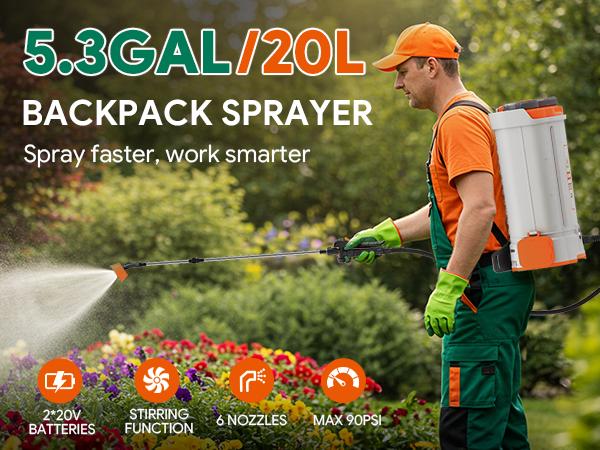 5.3 Gallon Battery Powered Backpack Sprayer, 2 * 20V Large Capacity Battery & 45-90PSI Adjustable Pressure, Electric Backpack Garden Sprayer with 6 Spray Nozzles for Lawn, Garden, Yard fathersdaygift 5.3 Gallon Battery Powered Backpack Sprayer, 2 * 20V Large Capacity Battery & 45-90PSI Adjustable Pressure, Electric Backpack Garden Sprayer with 6 Spray Nozzles for Lawn, Garden, Yard fathersdaygift