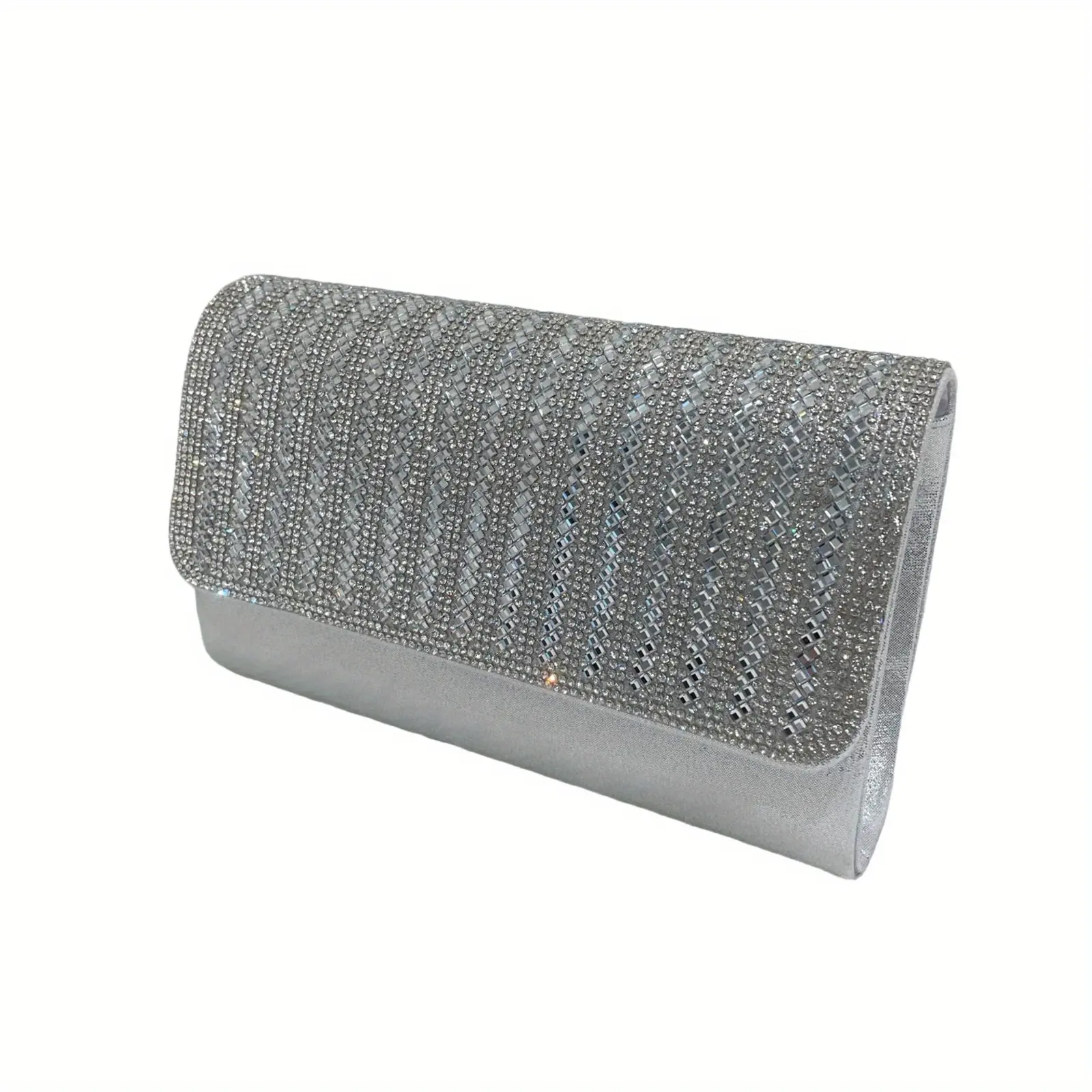 Women's Silver Rhinestone Evening Clutch Wristlet - Elegant Sequined Fabric Purse with Secure Closure, Wrist Strap, Spark Look for Parties, Proms