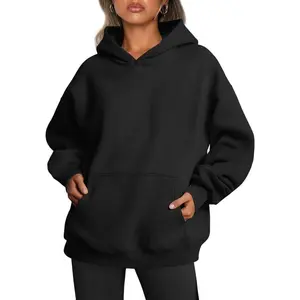 Women's Black Solid Color Long Sleeve Pullover Hooded Sweatshirt Super Oversized Fit Soft Plush Fabric Kangaroo Pocket Casual Wear for Fall & Winter