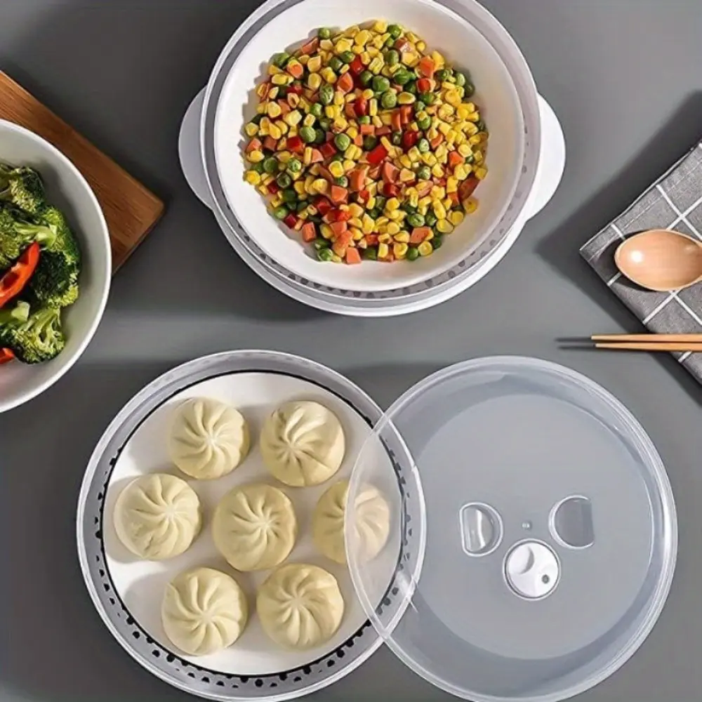 Round Plastic Microwave Steamer with Handles & Visible Top, Portable Container for Dumplings & Vegetables, for Dorm & Camping Kitchens